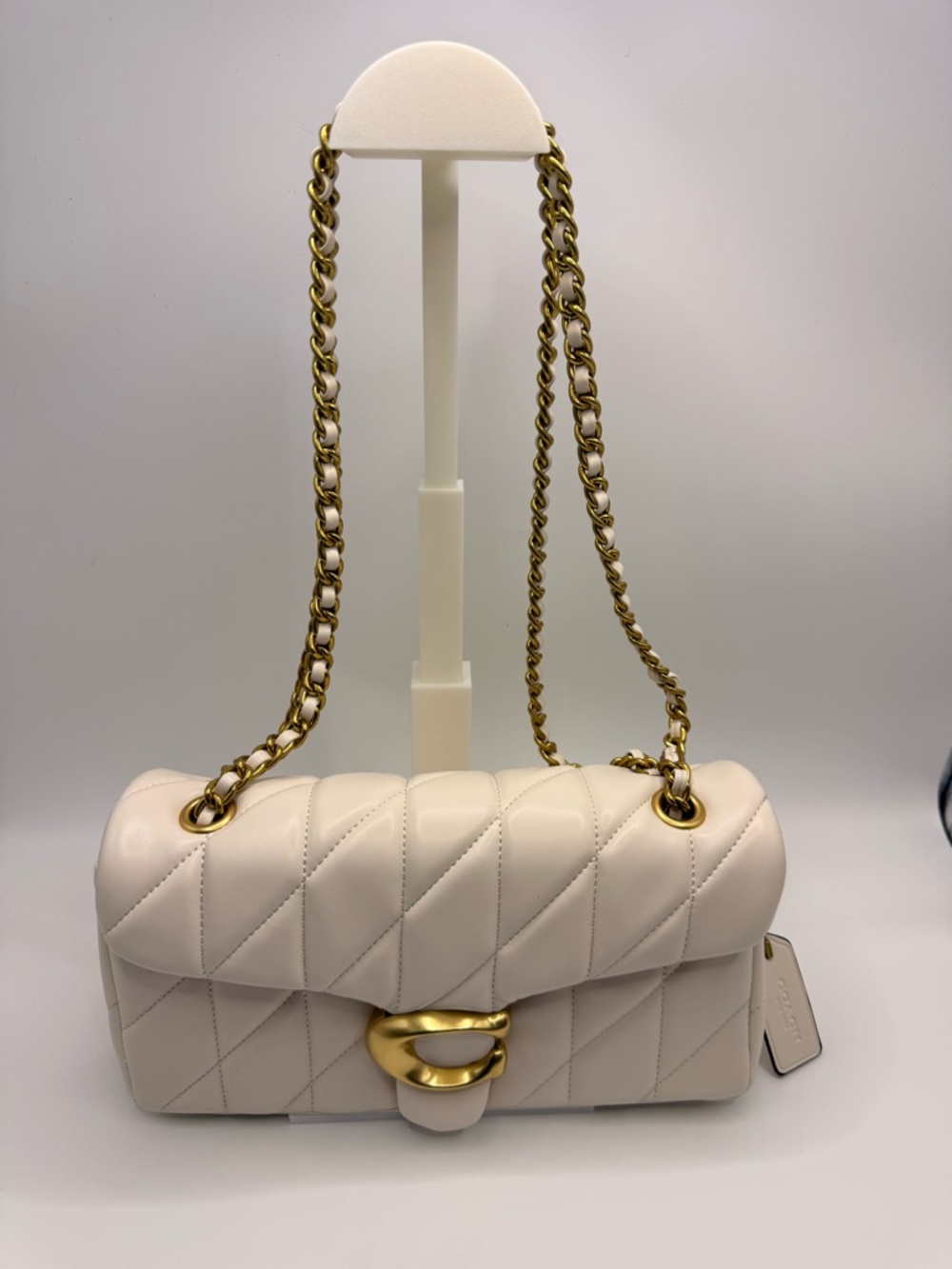 Authentic Coach Cream Quilted Leather Shoulder Bag with Gold Chain